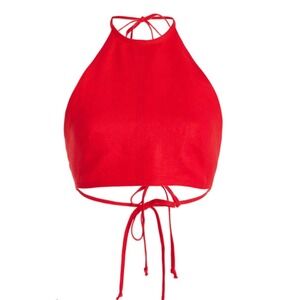 Matthew Bruch Tie Halter Crop Top Womens Size 3 M Red Linen Festival Luxury